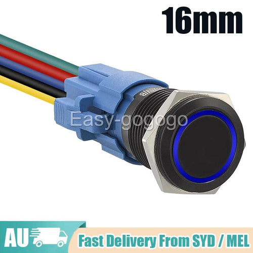 Round Switch Push Button Latching ON-OFF 12V 16mm NO NC IP65 BLUE LED RING Black