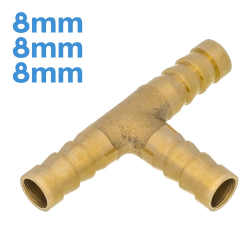 Brass 8mm - 8mm - 8mm 3 Way Barbed Tee Splitter Fitting Tubing Hose Connector