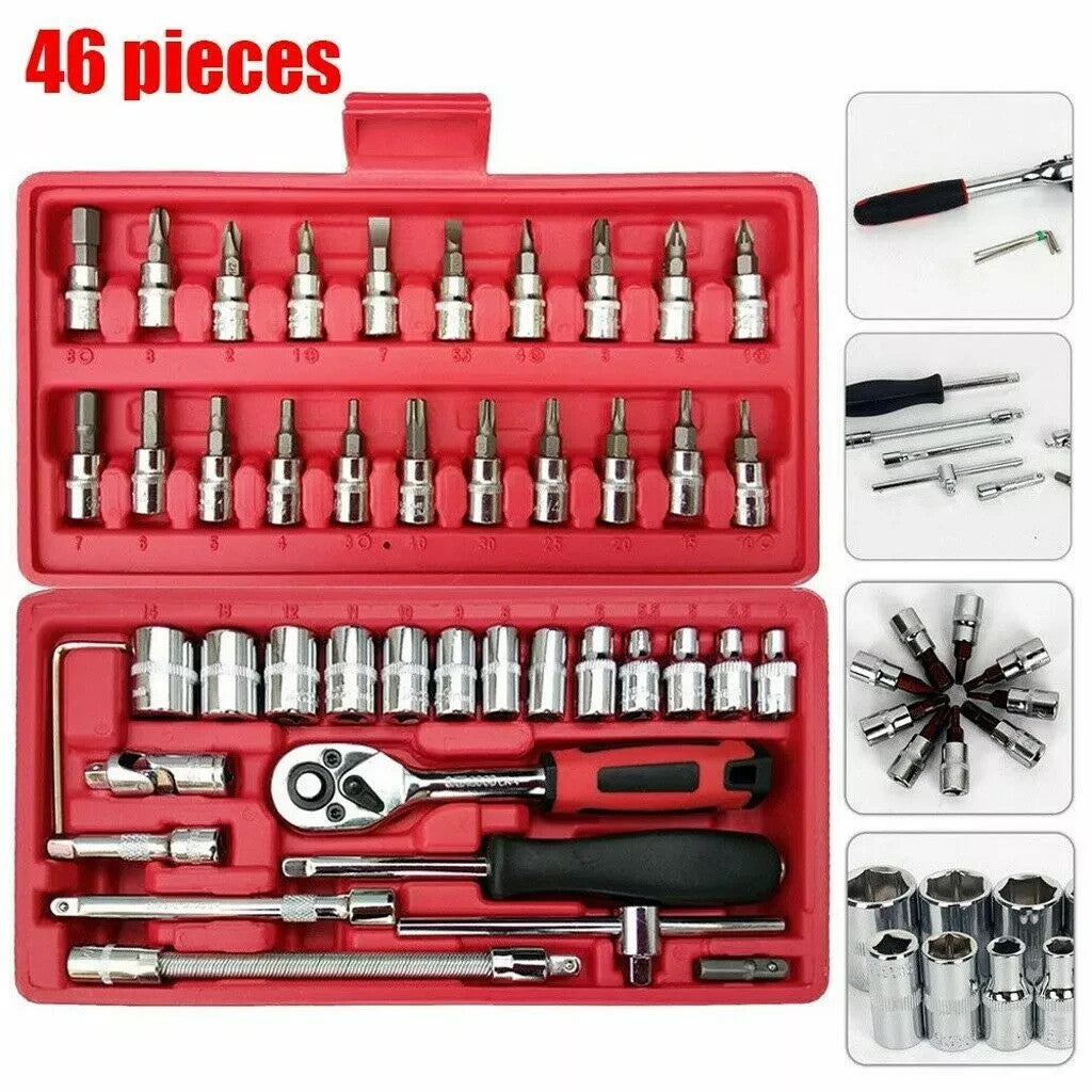 46Pcs Spanner Socket Screwdriver 1/4'' Car Repair Tool Set Ratchet Wrench Box AU