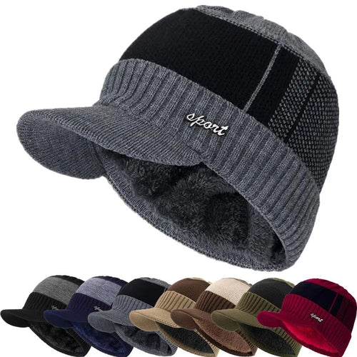 Knitted Beanie Hat with Brim Ear Protection Cap New Pullover Hats Unisex