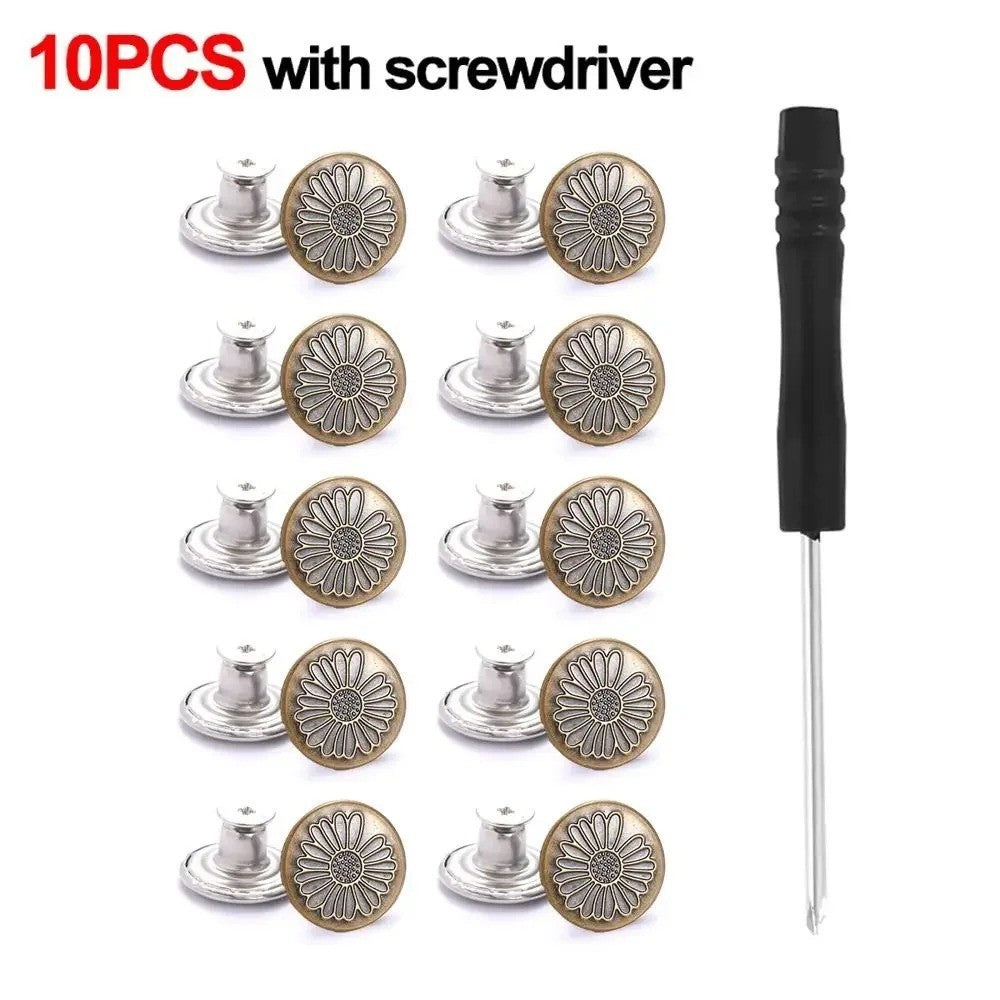 10Pcs Metal Jeans Buttons 17mm Replacement No-Sewing Screw Button Repair Kit