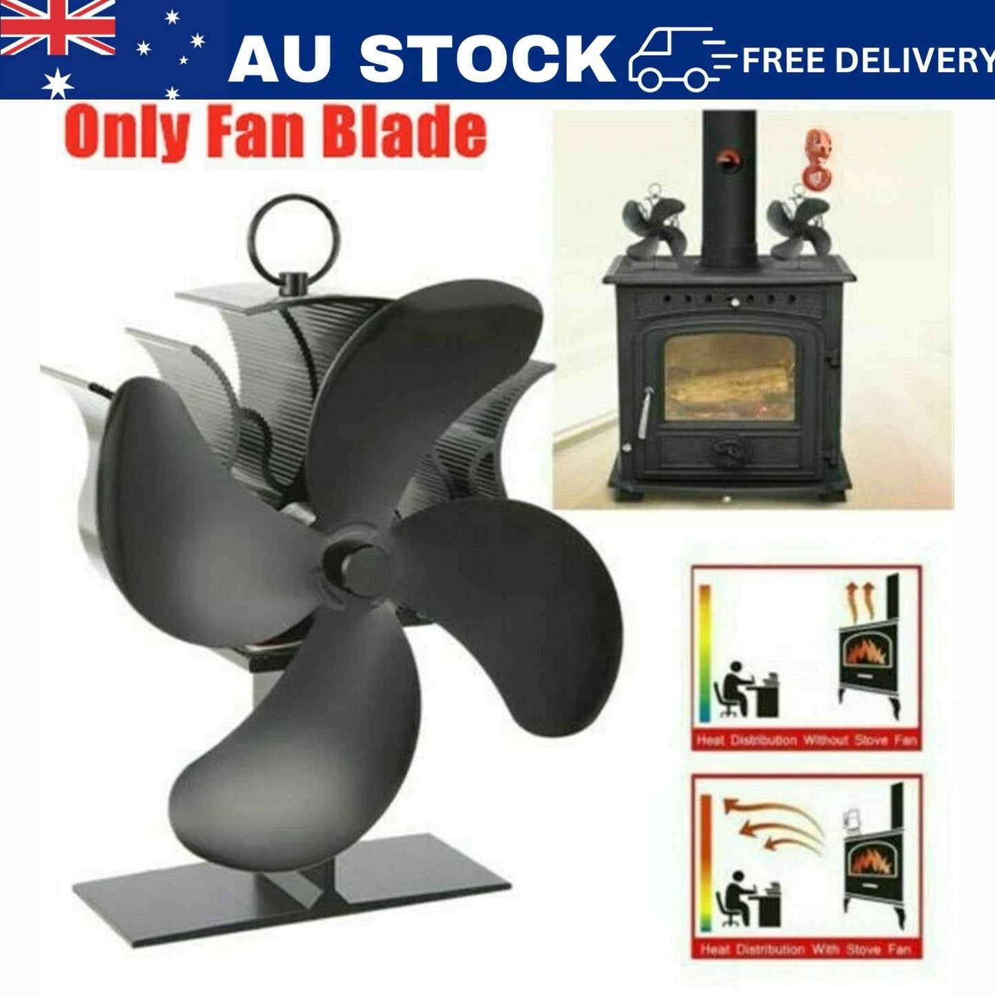 4 Fan Blades Heat Self-Powered Wood Stove Top Burner Fireplace Eco Heater Silent