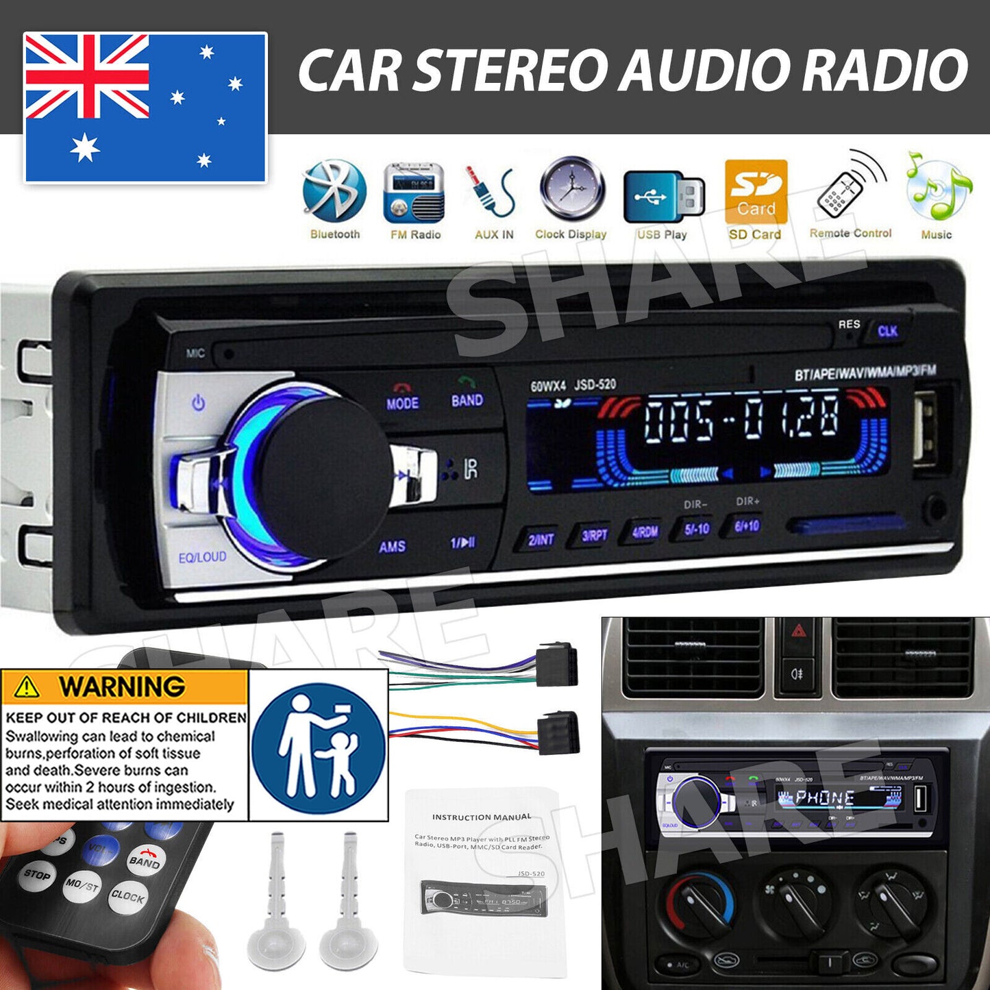 Hippcron Car Radio 1din Stereo Multimedia MP3 Player Digital Bluetooth FM Audio Music USB With In Dash AUX Input