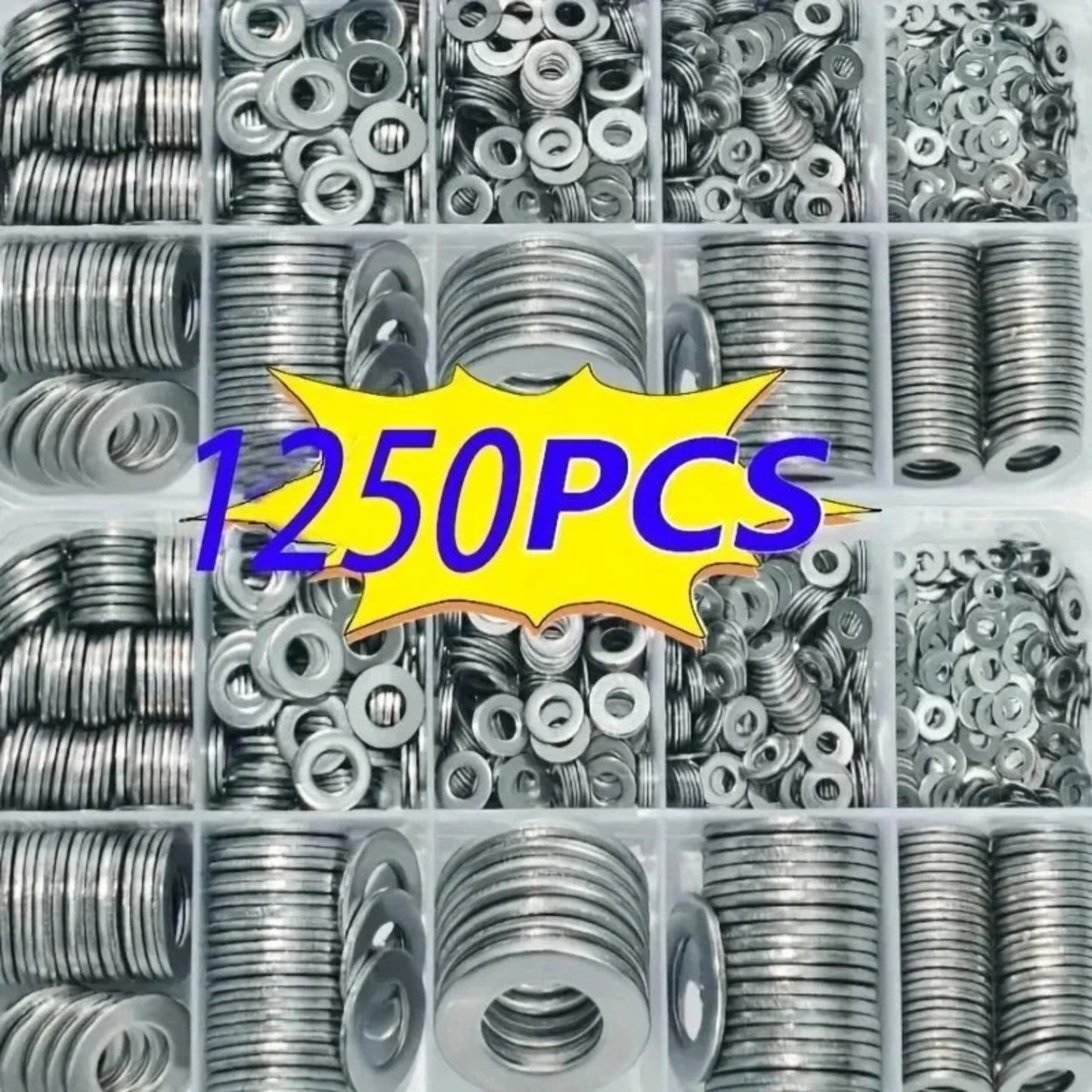 1250pcs 304 Stainless Steel Flat Washer Kit – M2 to M12 Assortment