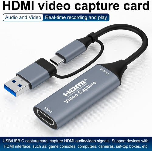 1080P Capture Card 4K HDMI-compatible to USB-A/USB-C USB2.0 Capture Video Audio Recording for OBS Studio PotPlayer QT Player