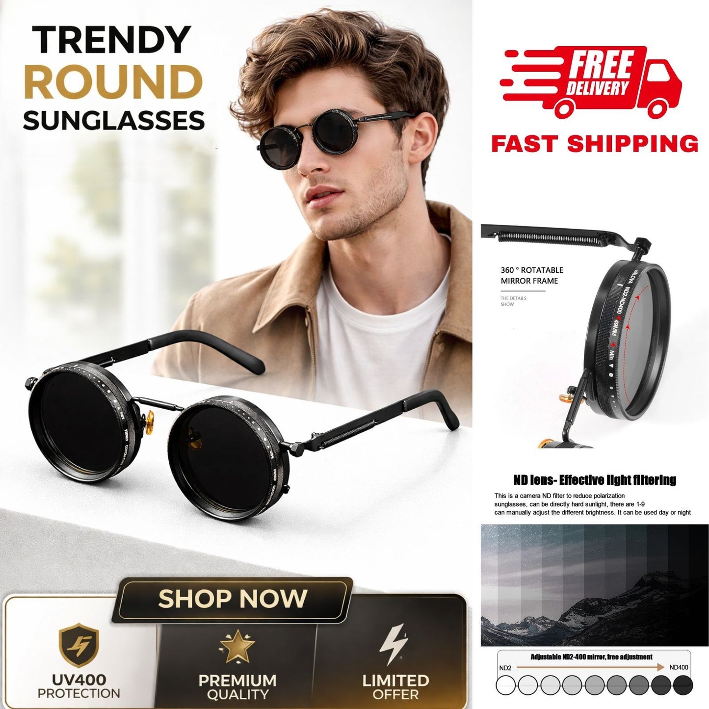 Polarized Round Sunglasses ND9 Adjustable Dimming Men Women Outdoor Shades