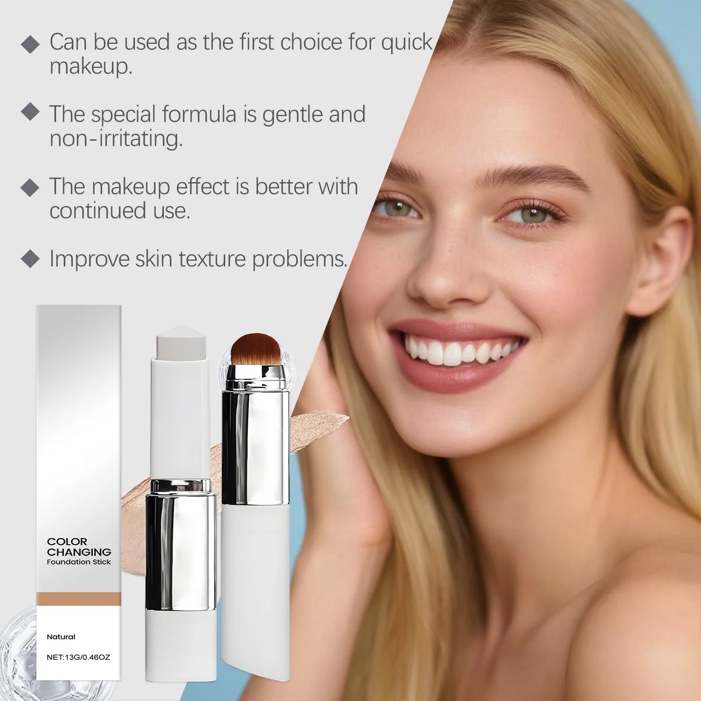 Color Changing Foundation Stick Waterproof Sweatproof Lightening Full Coverage Concealer 2 in 1 Stick Foundation Makeup Brushes