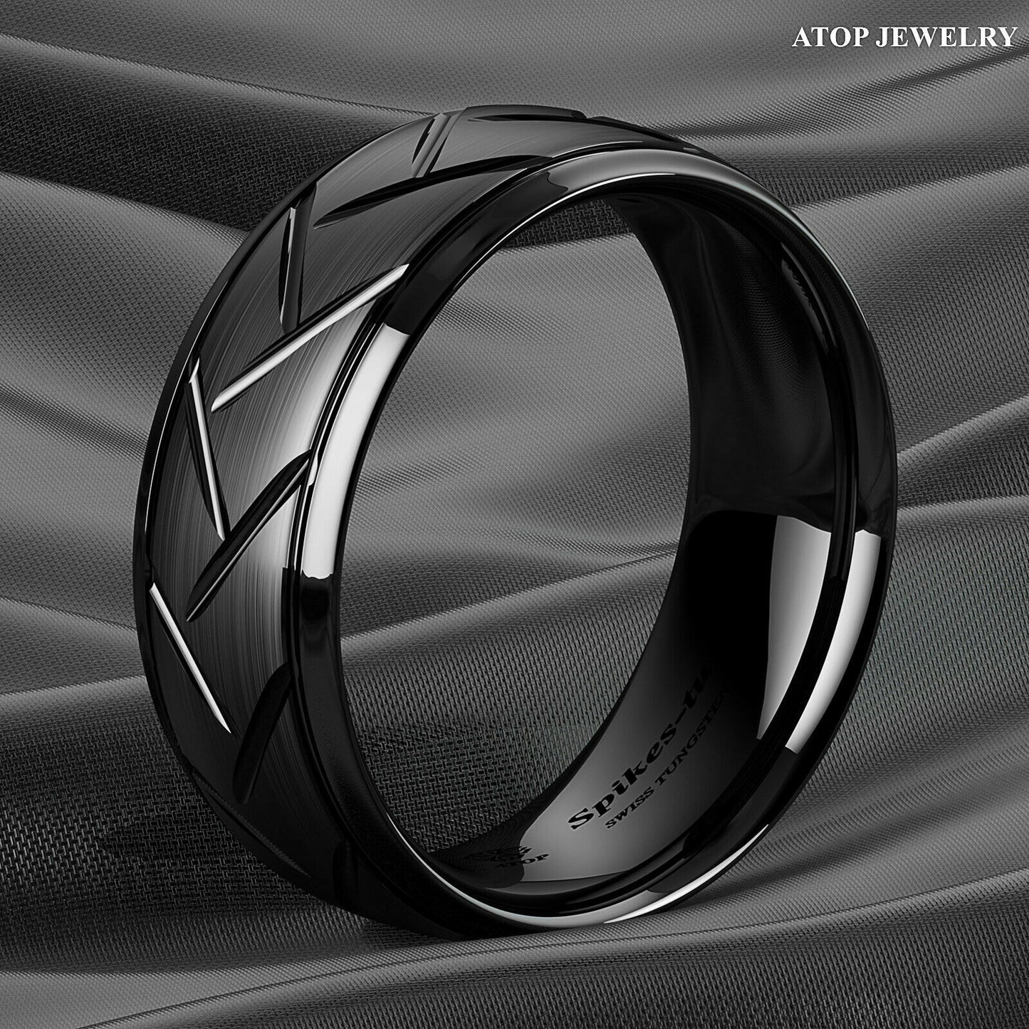 8mm Dome Black Warrior Brushed Center Tungsten Ring Bridal Band ATOP Jewelry