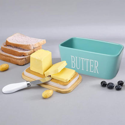 Ceramic Butter Dish Holder Wooden Lid Knife Fridge Cheese Storage Container AU