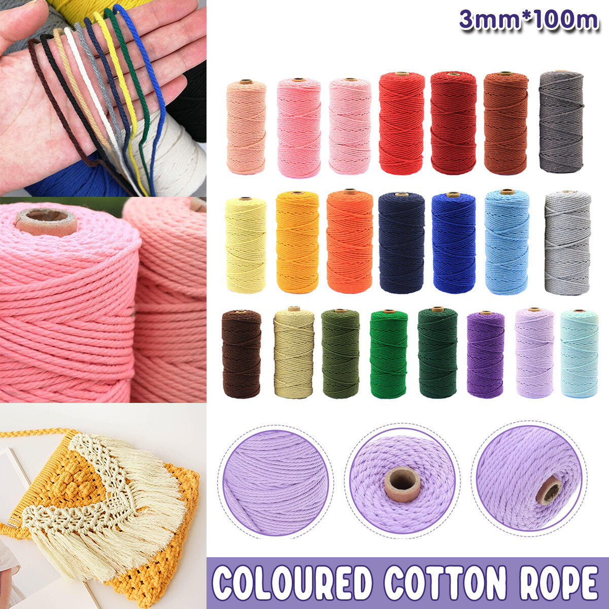 100M 3mm Natural Cotton Twisted String Cord forCraft Macrame Weaving ArtisanRope