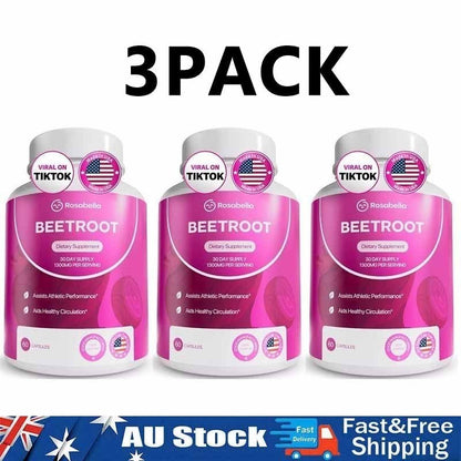 3-PACK Rosabella Beet Root Powder 1300mg Capsules Supports Blood Pressure 60Cts&