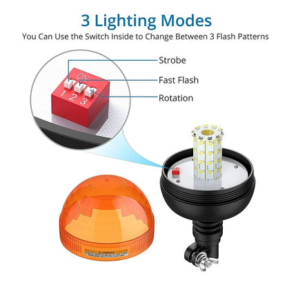 12V 24V LED Amber Flexible Rotating Beacon Warning Strobe Tractor Truck Forklift