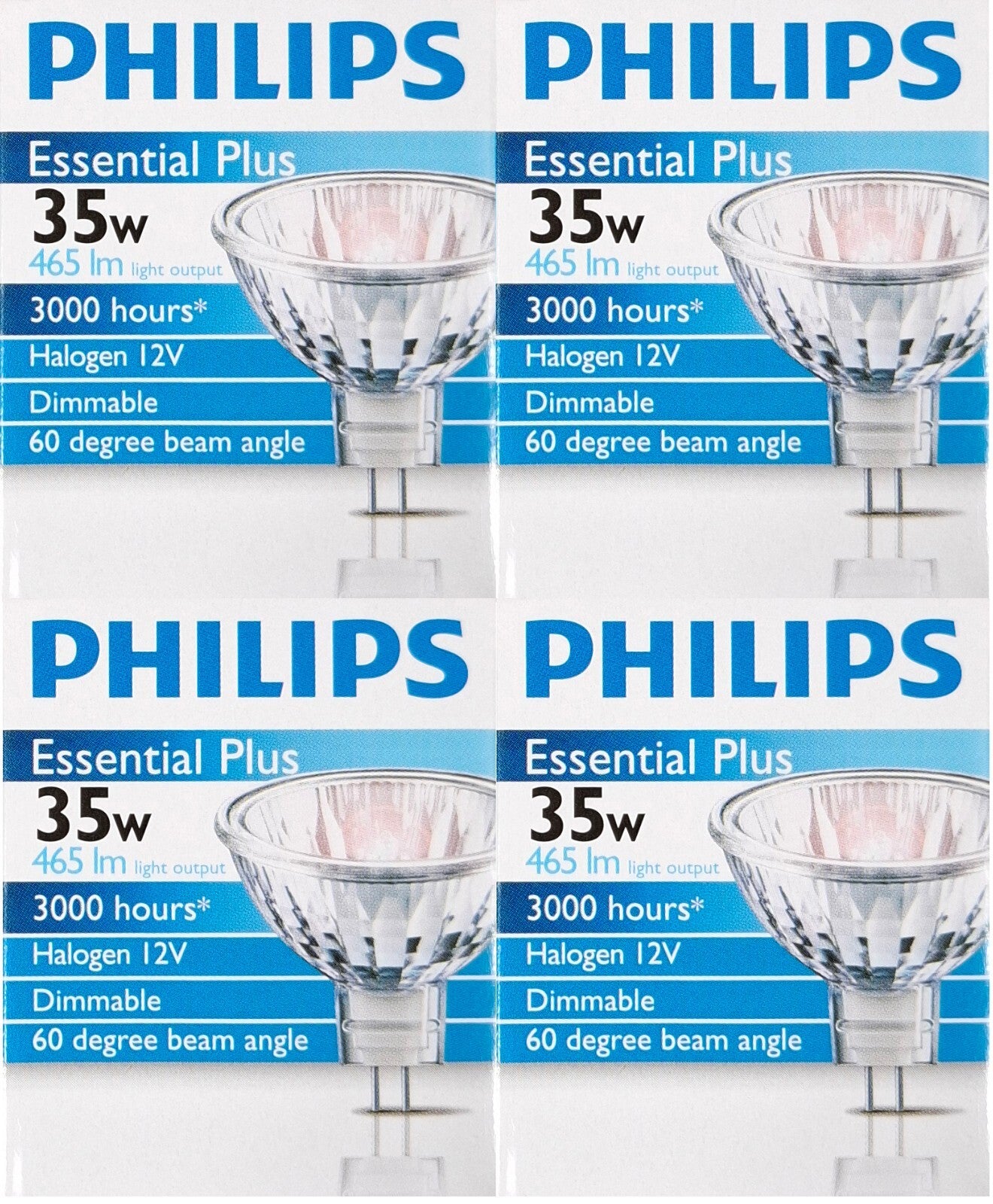 4 x PHILIPS 12V 35W MR16 Gu5.3 Halogen Light Lamp Globes Bulbs Wide Beam 60D – Compatible with PHILIPS