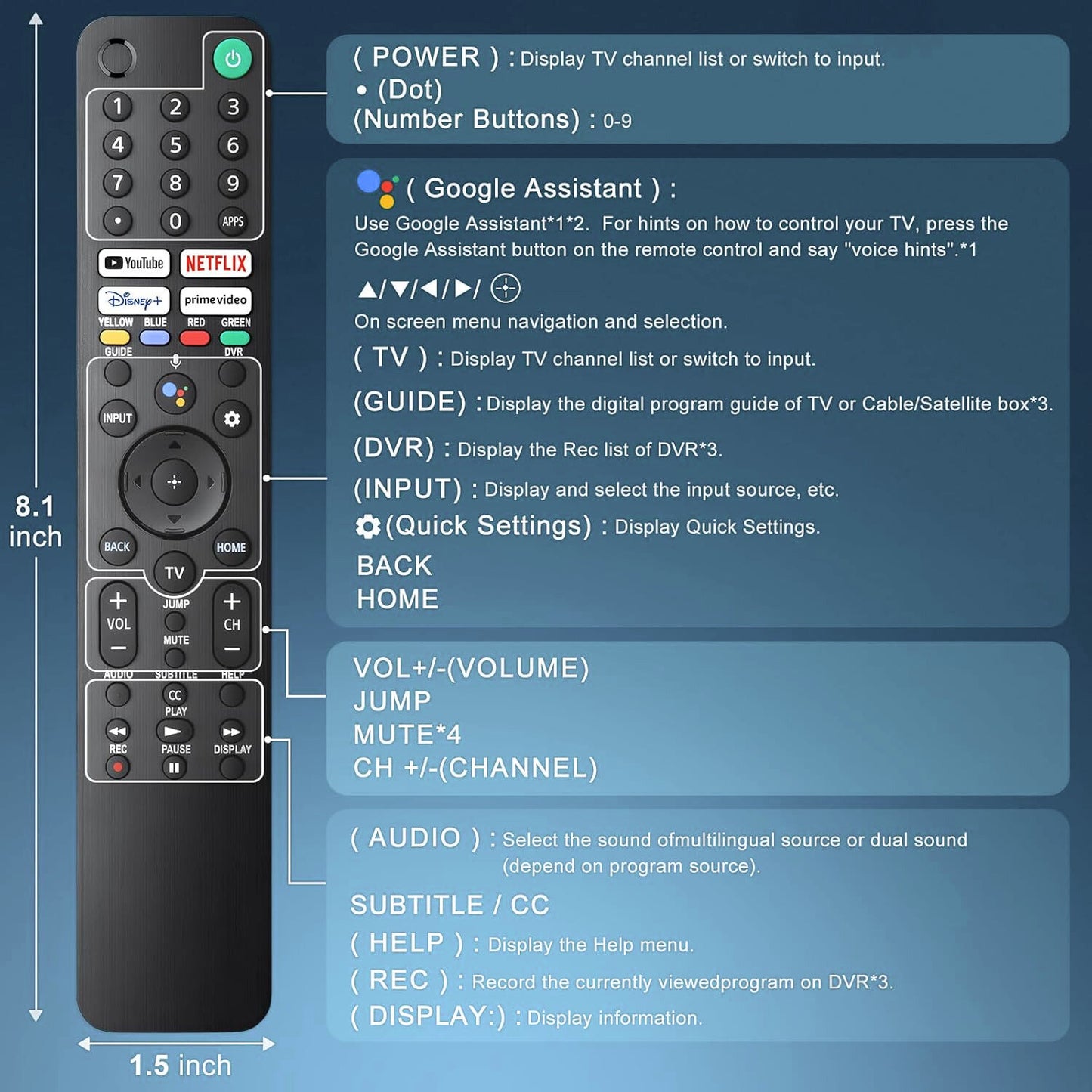 Replacement  Remote for Sony Bravia XR XBR KD 4K 8K OLED Google Android TV