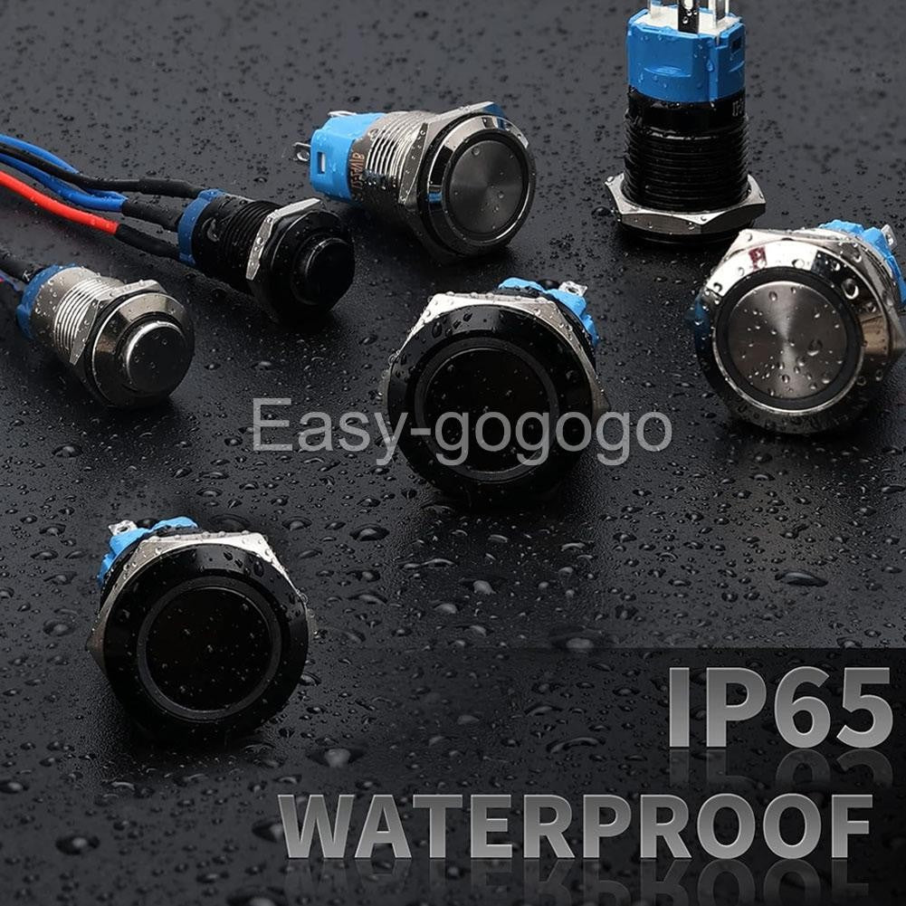 Round Switch Push Button Latching ON-OFF 12V 16mm NO NC IP65 BLUE LED RING Black