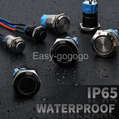 Round Switch Push Button Latching ON-OFF 12V 16mm NO NC IP65 BLUE LED RING Black
