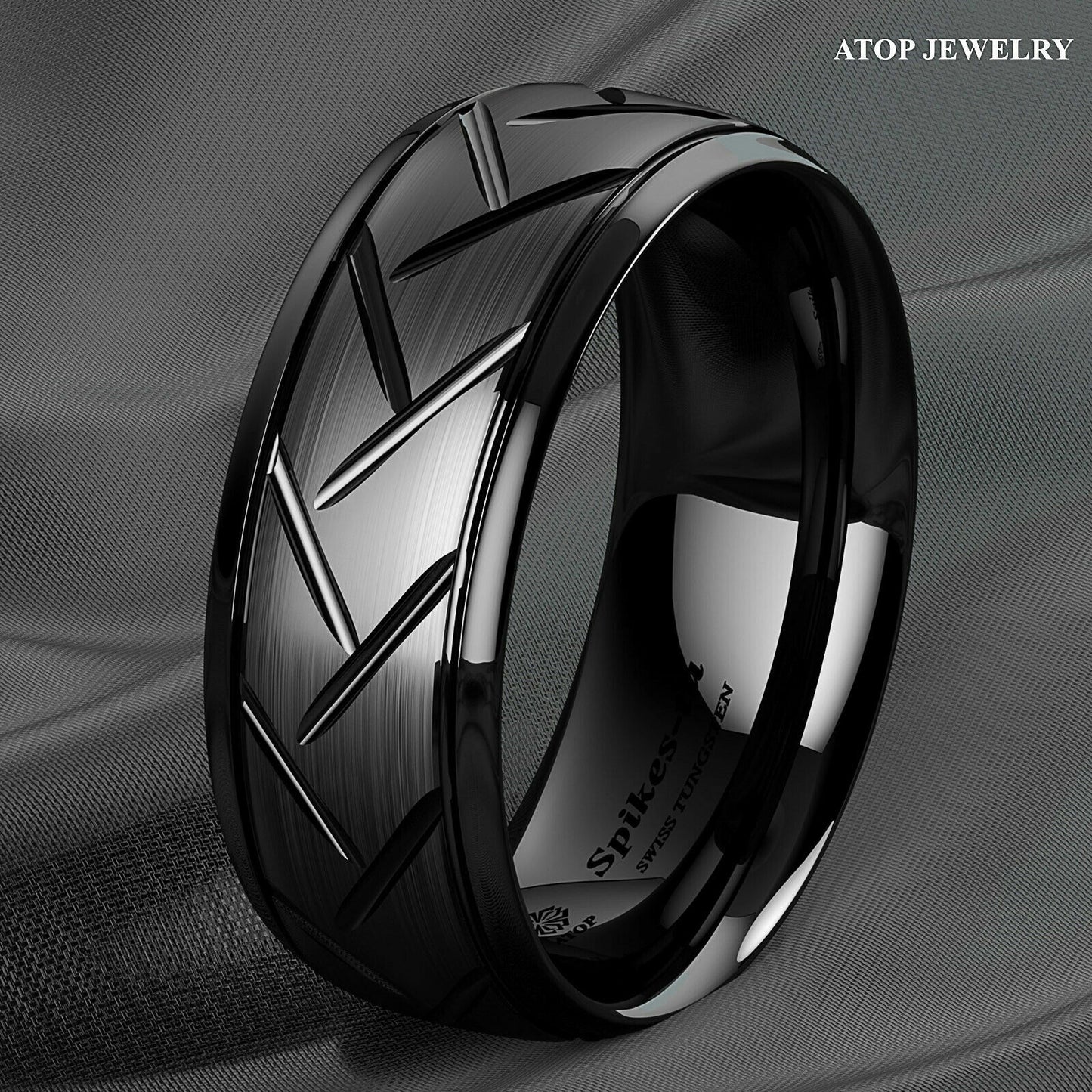 8mm Dome Black Warrior Brushed Center Tungsten Ring Bridal Band ATOP Jewelry