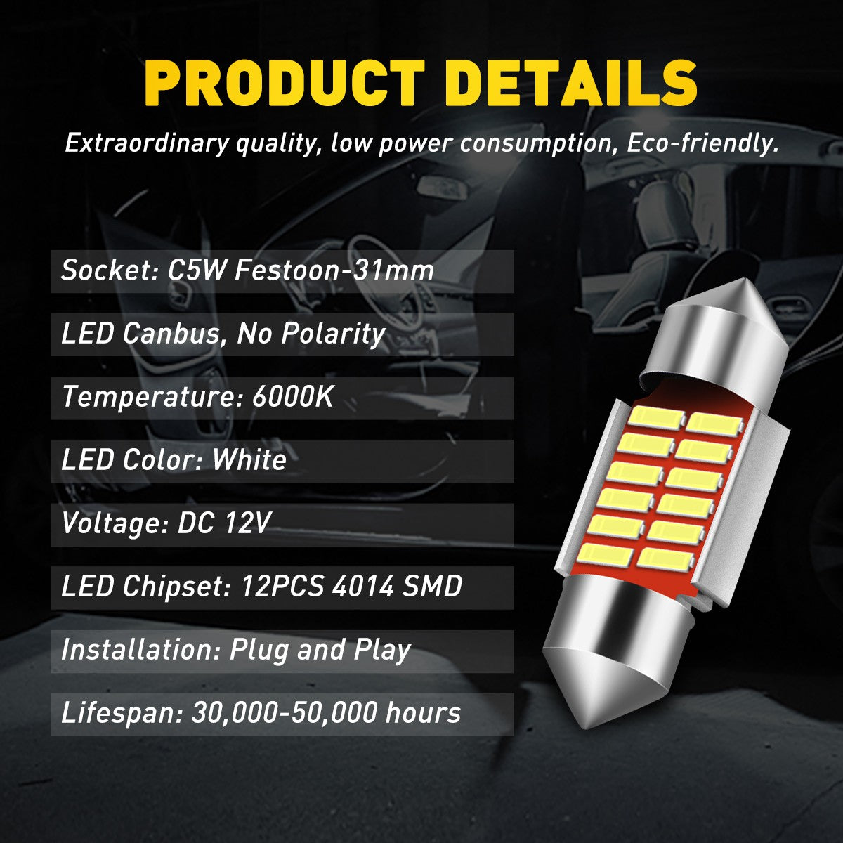 2PCS AUXITO 31MM 30MM FESTOON LED 12SMD INTERIOR LIGHT BULB GLOBE 12V CAR 4WD