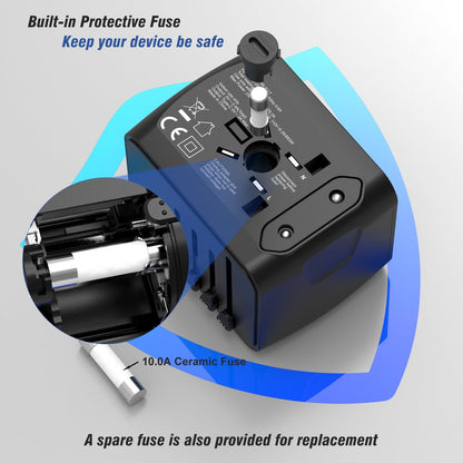 Universal Travel Power Adapter USB-C 3 USB-A Worldwide Plug Black