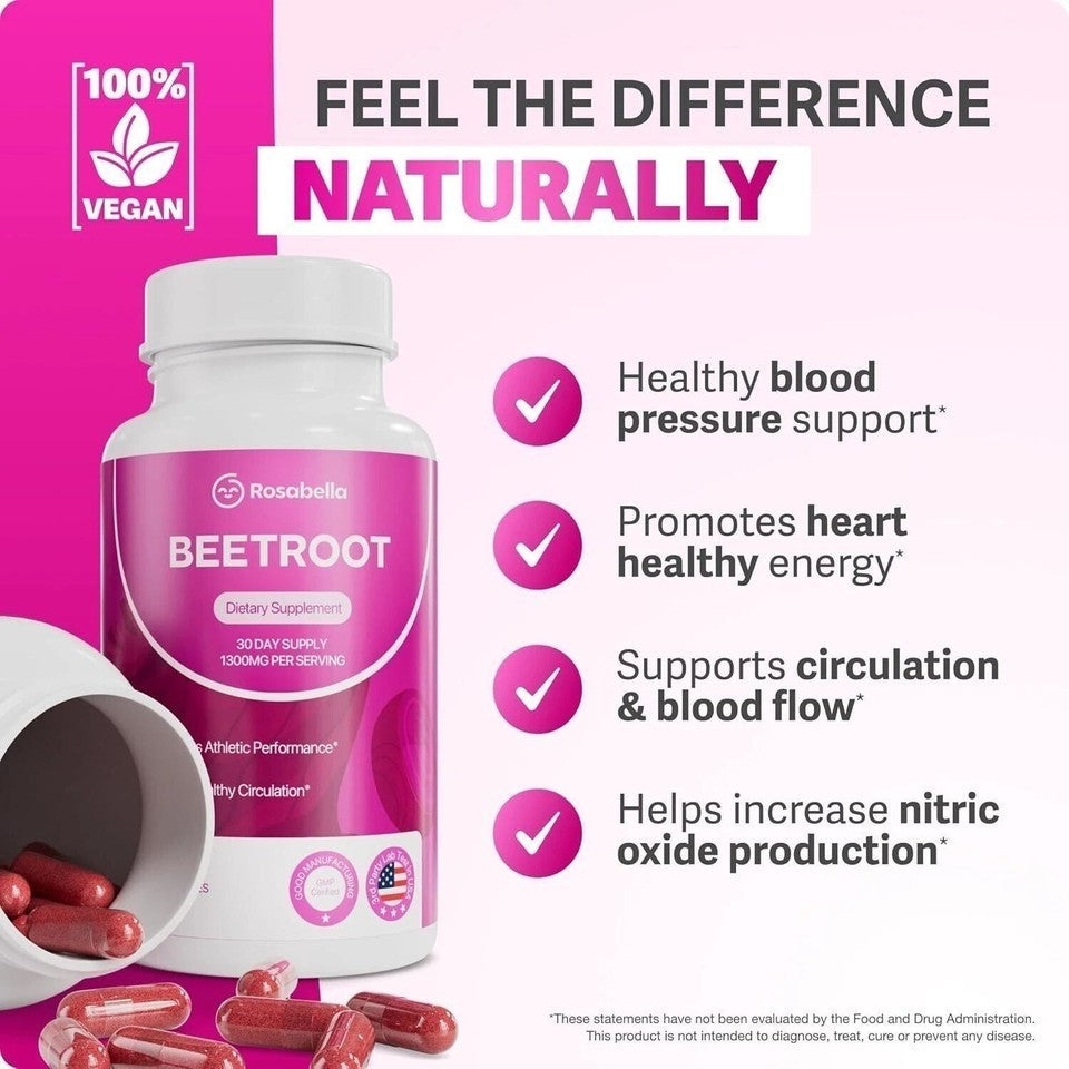 3-PACK Rosabella Beet Root Powder 1300mg Capsules Supports Blood Pressure 60Cts&
