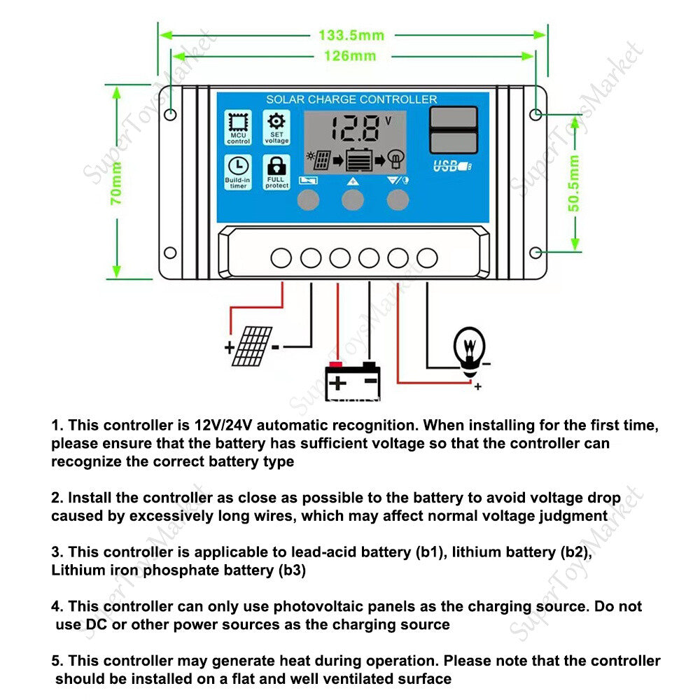 30A Solar Charge Controller 12V 24V Lithium Battery Panel Regulator 2 USB LCD