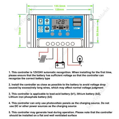 30A Solar Charge Controller 12V 24V Lithium Battery Panel Regulator 2 USB LCD