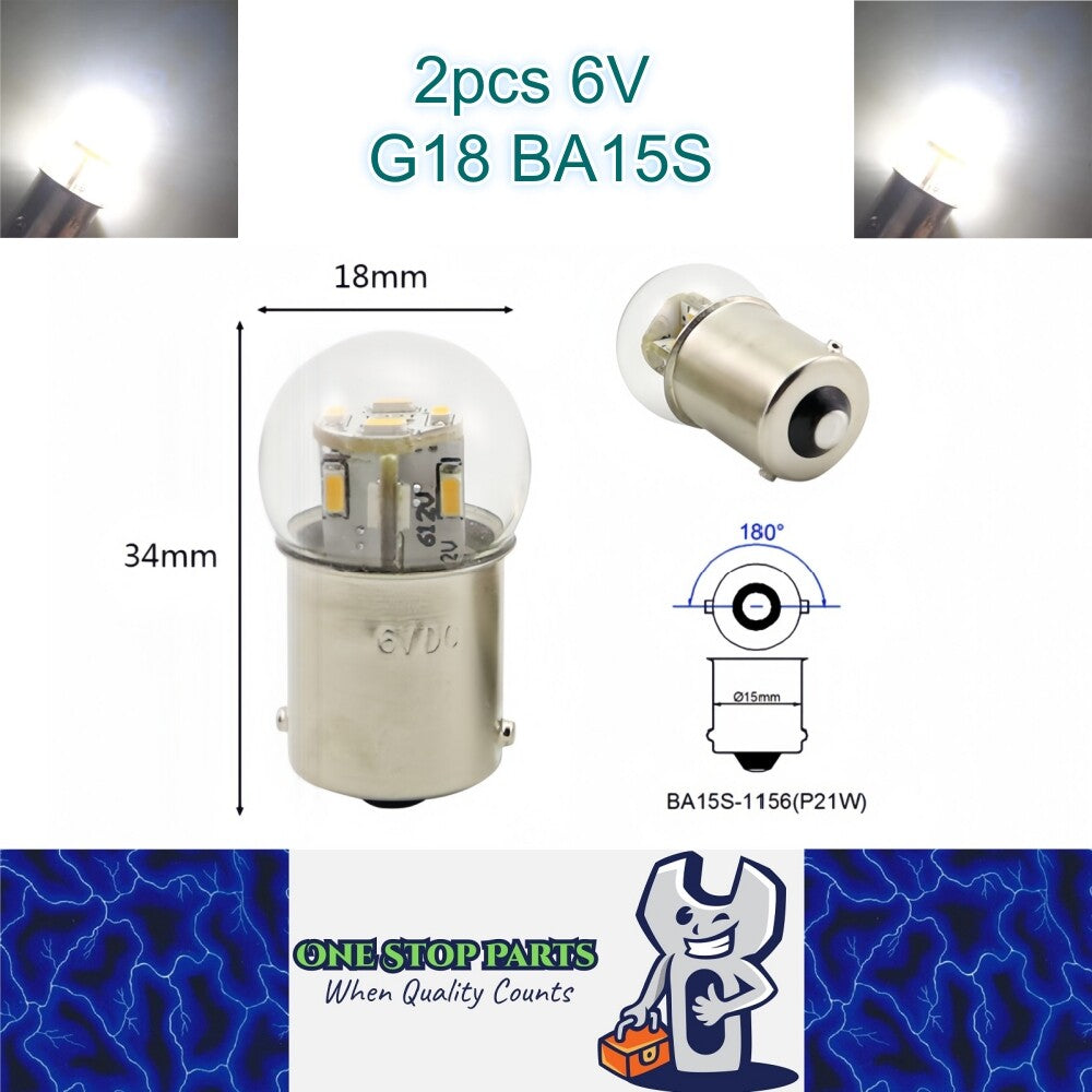 2 x Cool White G18 BA15S 1156 6V 12SMD 100LM LED Globes (2pcs)