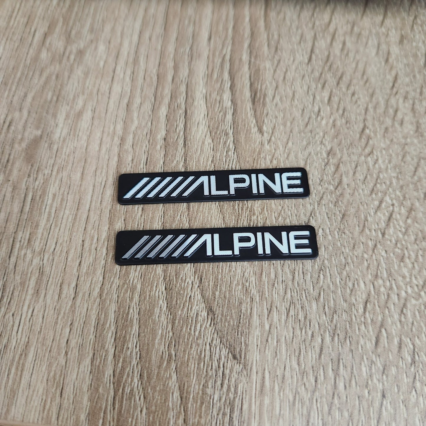 2 x ALPINE BADGE SPEAKER STICKER EMBLEM 53mm x 9mm adhesive back