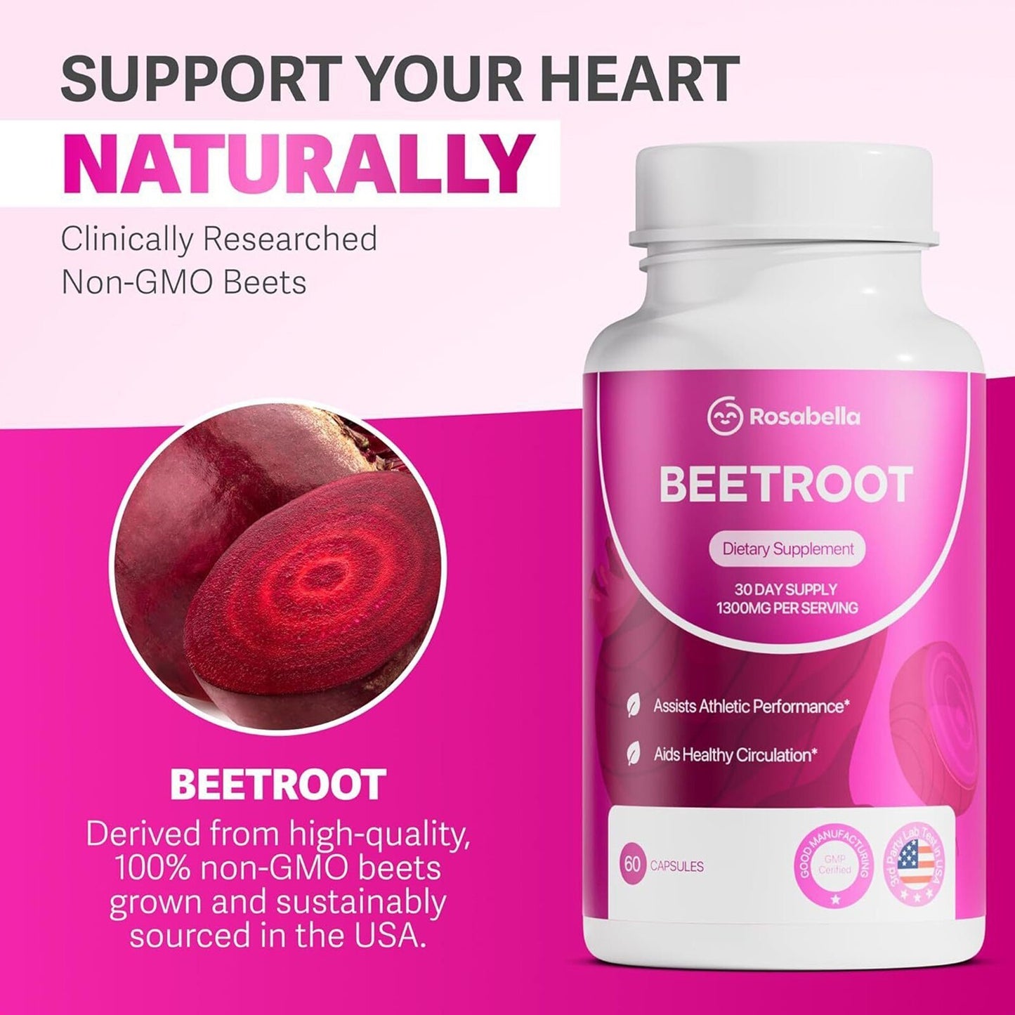 3-PACK Rosabella Beet Root Powder 1300mg Capsules Supports Blood Pressure 60Cts&
