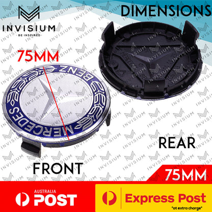 4x 75mm DARK BLUE Wheel Centre HUB CAPS for Mercedes Benz AMG C E S CLA GLA GLE