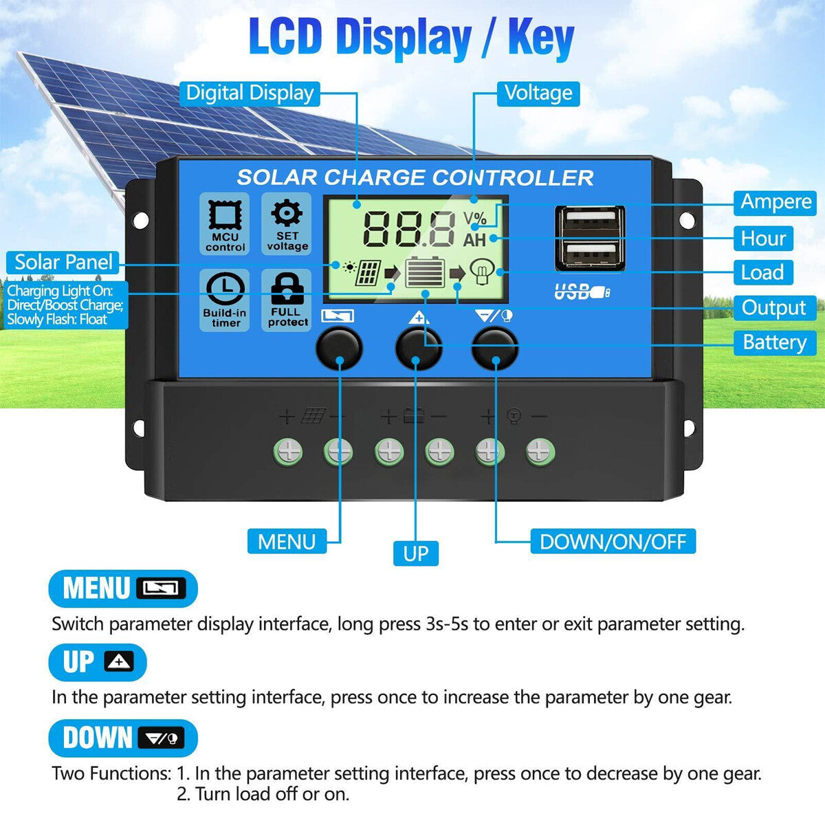 20A Solar Charge Controller 12/24V Battery Regulator with 2 USB Port LCD Display