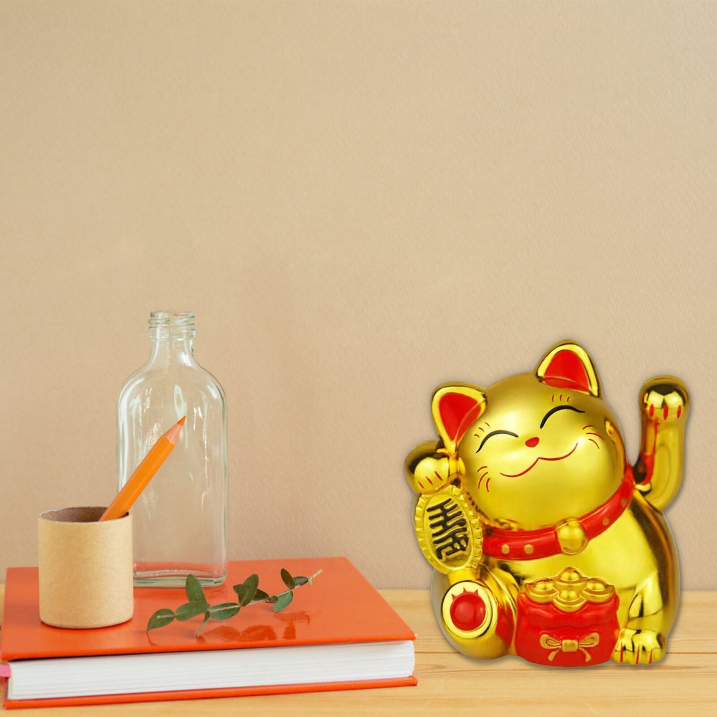 Chinese Lucky Fortune Money Waving Gold Maneki-Neko Cat Figure Feng Shui Decor