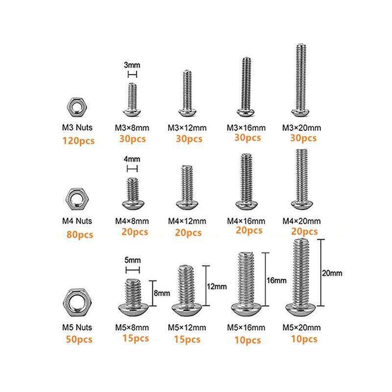 500PCS M3 M4 M5 Stainless Steel Hex Button Head Screw Bolt Nut Set Kit Bolt Kits