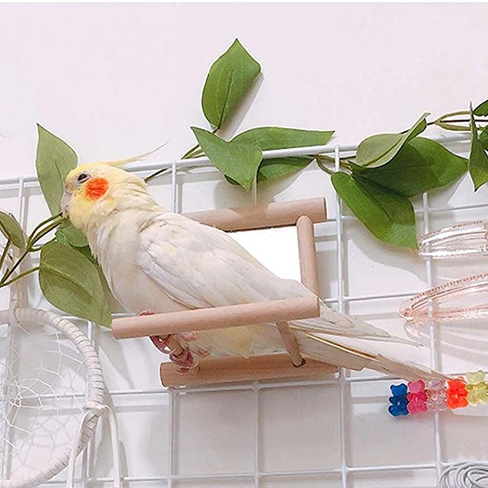 Bird Wood Perch Stand With Mirror Swing Parrot Pet Budgie Cage Hanging Toy AU