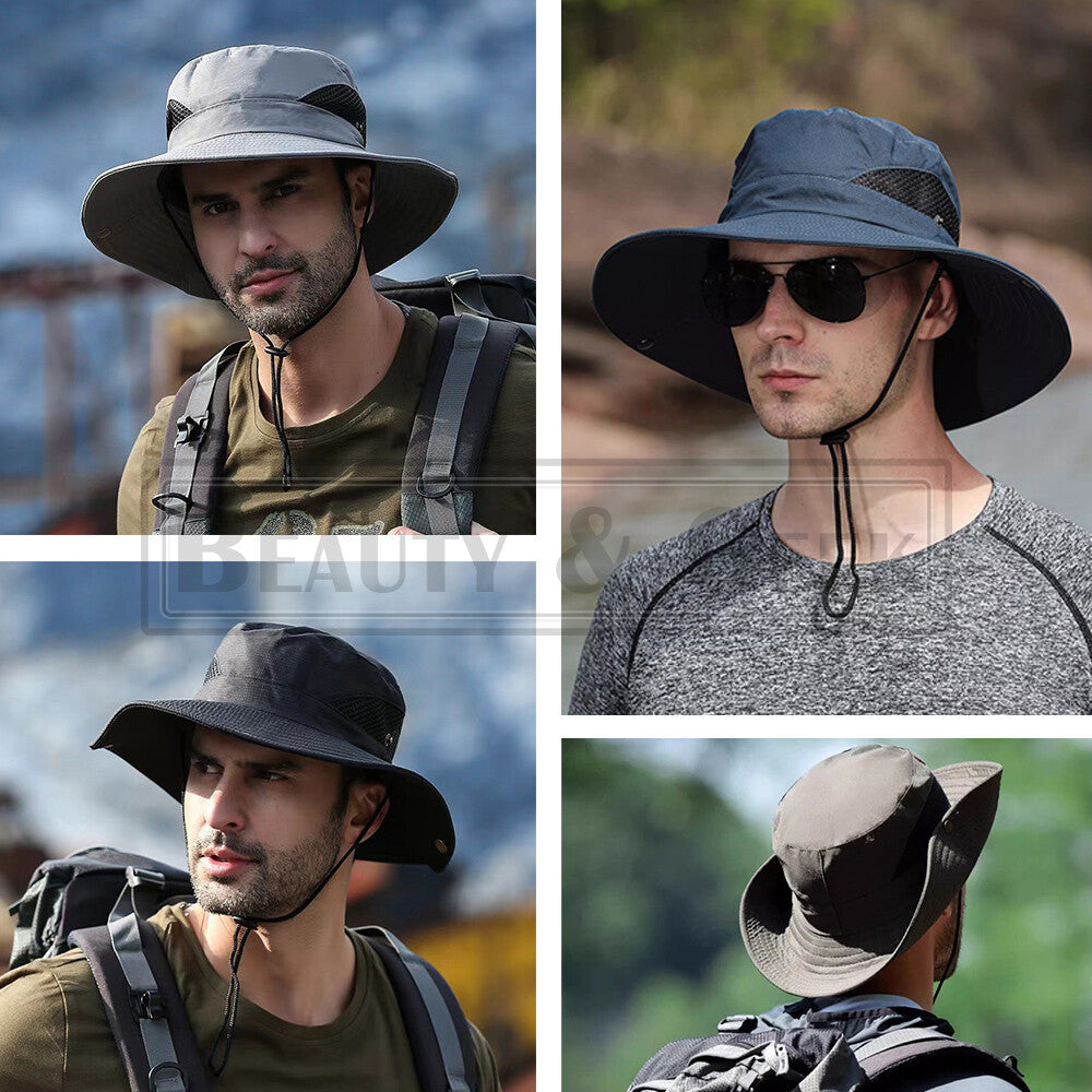 Men Wide Brim Bucket Hat UV-proof Cap Fishing Hiking Camping Beach Outdoor Sun