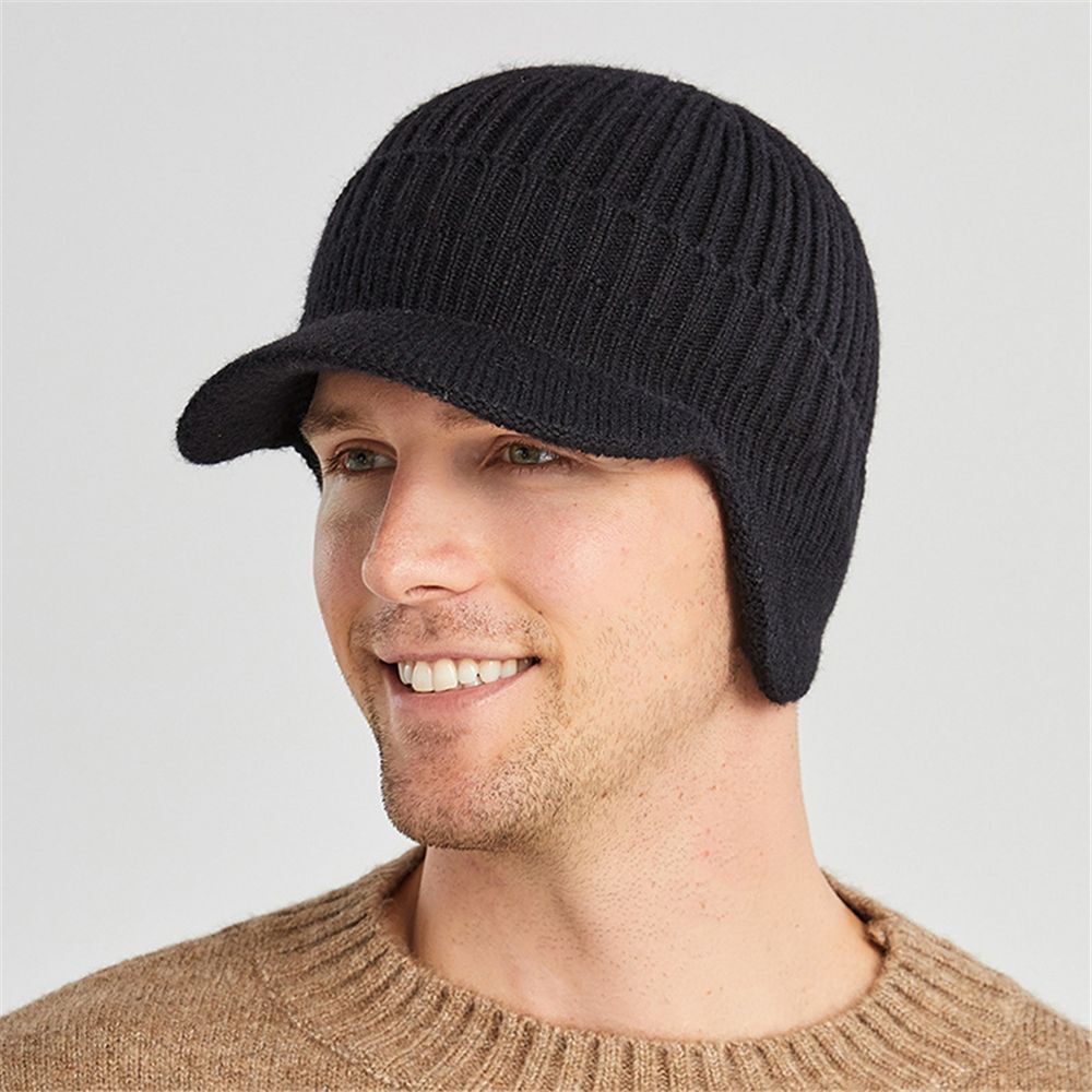 Winter Warm Thick Wool Beanie Hat Men's Knit Cap with Brim Cycling Cap