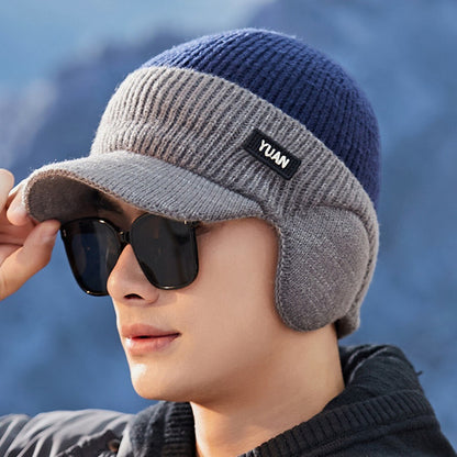 Fleece Lined Beanie Hat Ear Protection Bomber Hats Winter Peaked Knit Cap Men