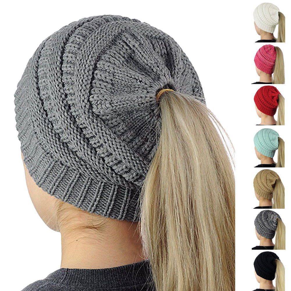 Ponytail Beanie Women's Ribbed Winter Messy Bun Cable Warm Soft Knit Hat Cap