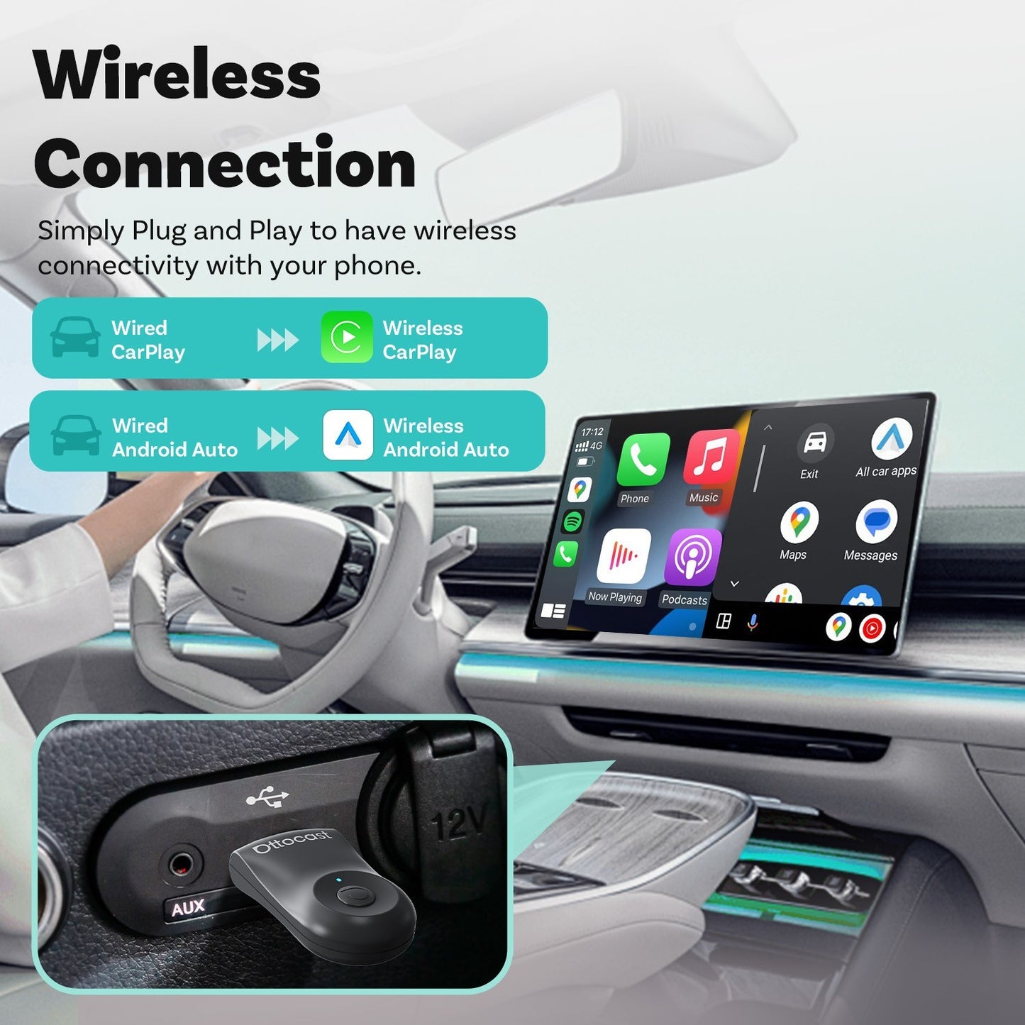 Ottocast Wireless Carplay Mirror iPhone Cars Adapter 3 in 1 Compatible w/Airplay