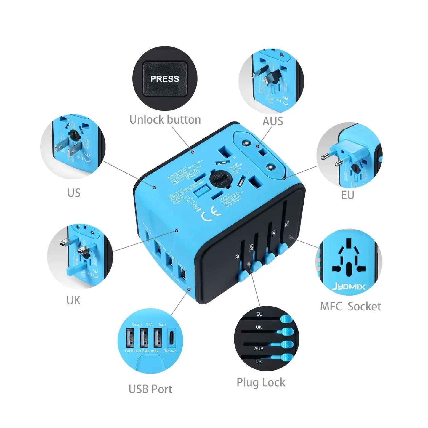 Travel Adapter Universal Power Plug UK EU AU US Sockets International 3USB Type-