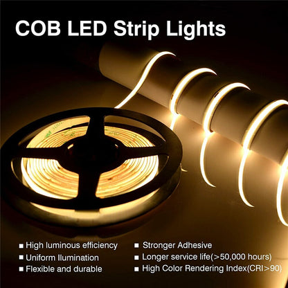5m 12V 24V COB LED Strip 320 LED High Density Flexible COB LED Lights Home Decor