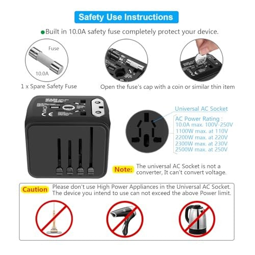 Universal Travel Power Adapter USB-C 3 USB-A Worldwide Plug Black