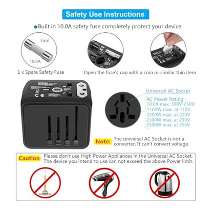 Universal Travel Power Adapter USB-C 3 USB-A Worldwide Plug Black