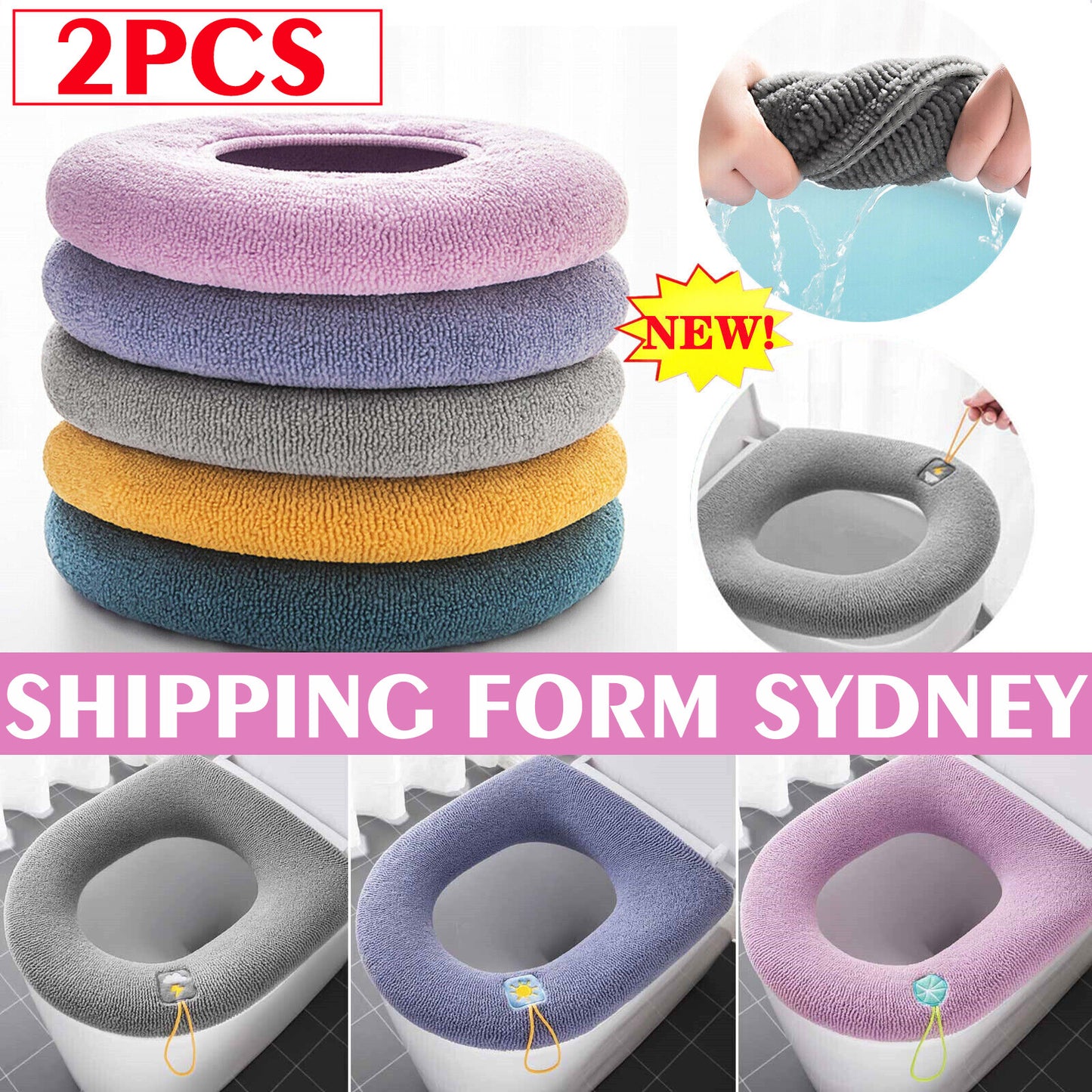 2x Soft Toilet Seat Bathroom Washable Warmer Cushion Mat Cover Pad Hook NEW Lid
