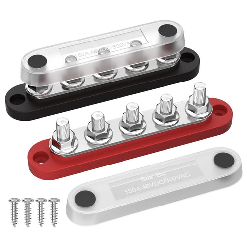 DaierTek Bus Bar 12V Power Distribution Block with Cover 5 x 1/4" Studs Terminal Block Max 150A 48VDC Positive Negative for Auto