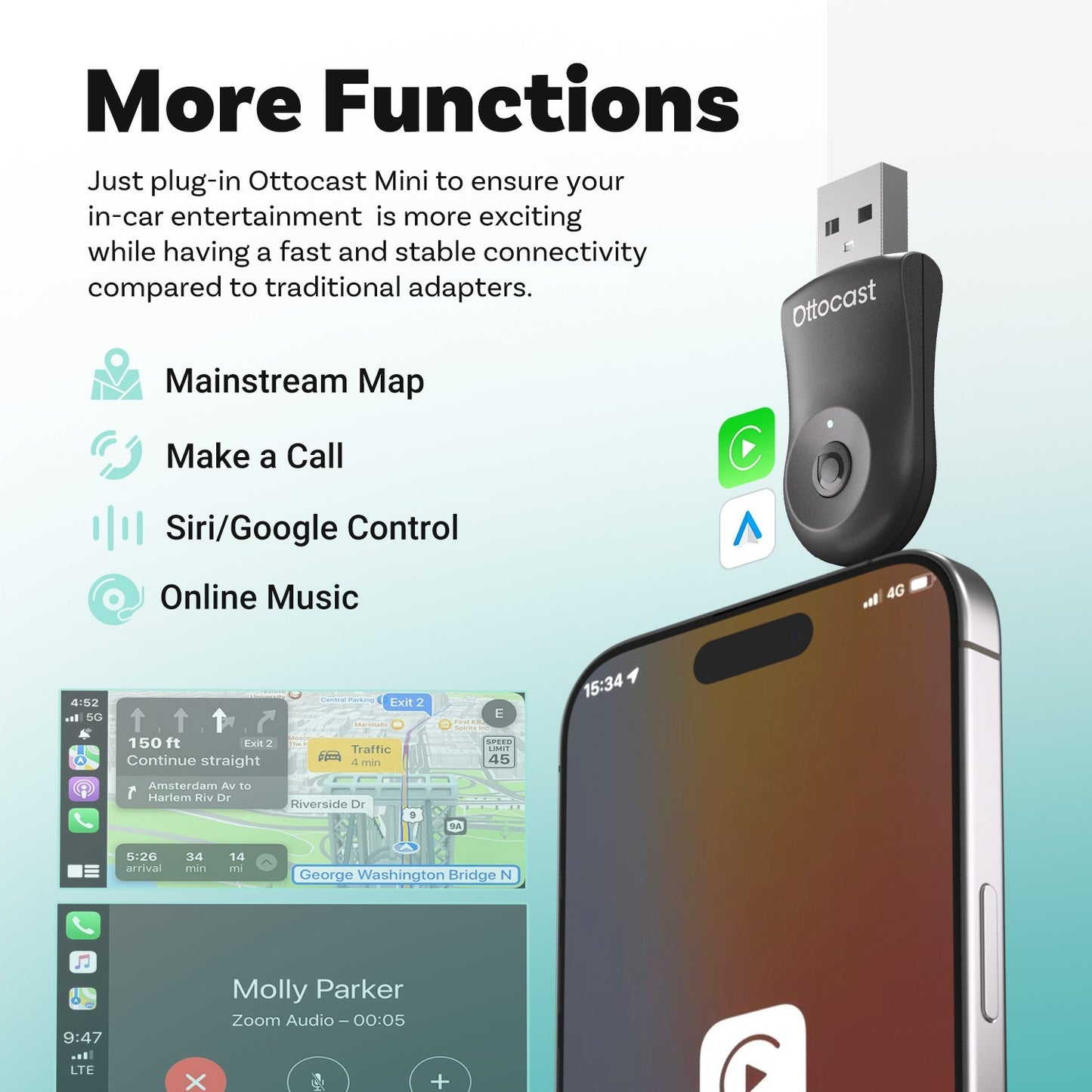 Ottocast Wireless Carplay Mirror iPhone Cars Adapter 3 in 1 Compatible w/Airplay