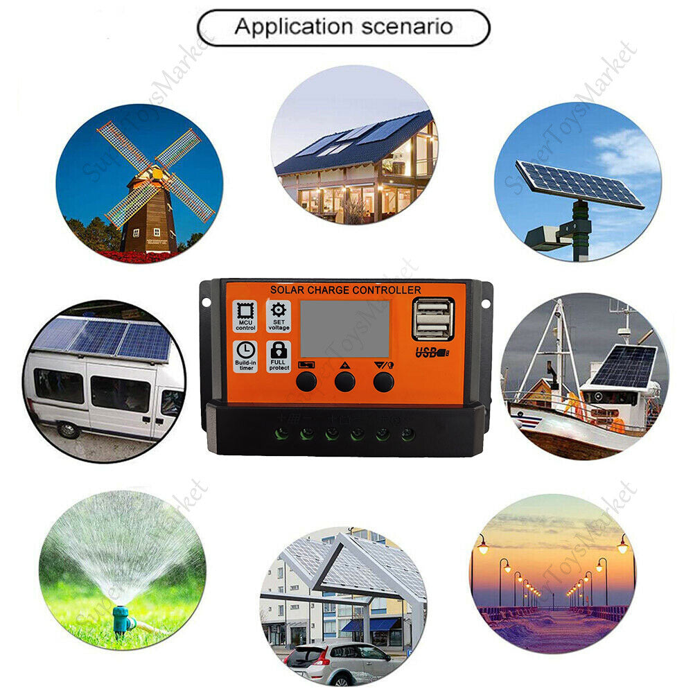 30A Solar Charge Controller 12V 24V Lithium Battery Panel Regulator 2 USB LCD