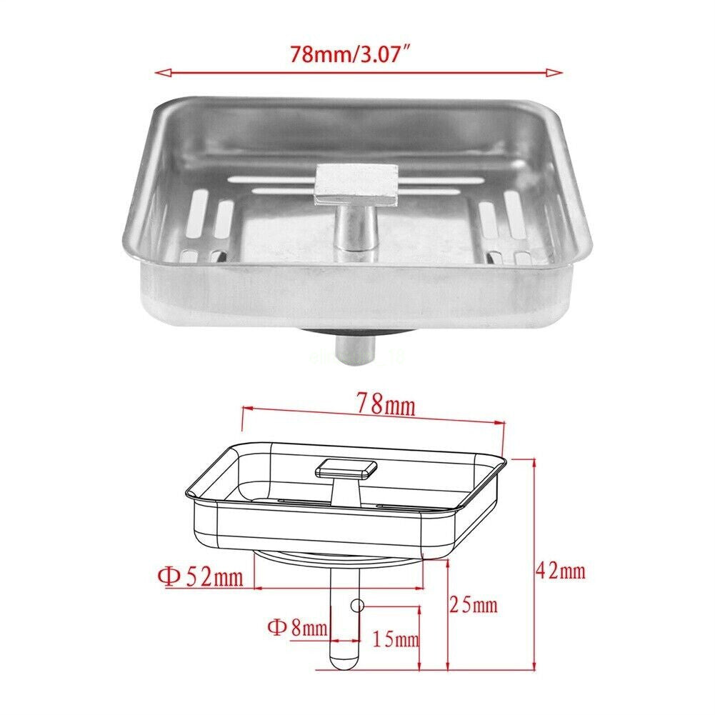 Square Stainless Steel Kitchen Sink Strainer Drainer Post Stopper Plug OZ