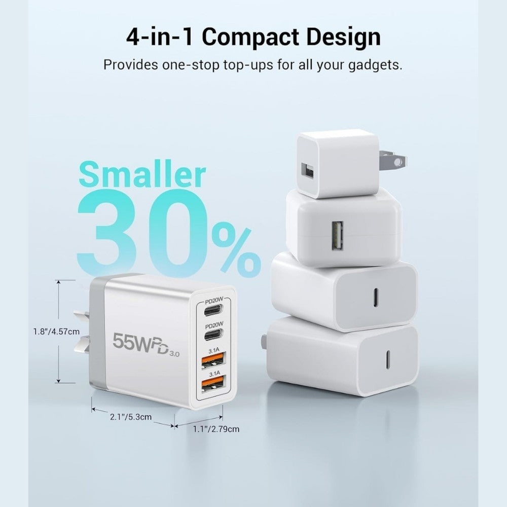 55W 4 Port USB-C PD Fast Charging Wall USB C Charger Power Adapter Type-C Brick