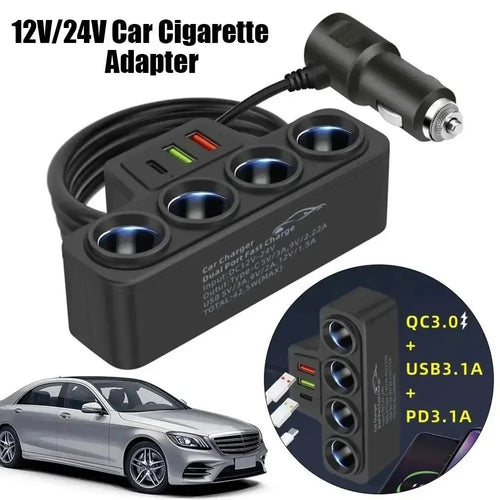 4Way 12-24V Car Cigarette Charger Lighter Socket Splitter Power USB Adapter Port